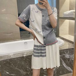 TB Summer New Tom Women S Sweaters Academic Match Man Walking Dog Jacquard Round Neck Knitted Cardigan Front And Back Panel Wool Short Sleeve