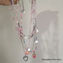 Pendant Necklaces Goth Vintage Pink Heart Flower Pearl Crystal Acrylic Beaded Necklace For Women Girl Fairy Grunge Y2k Halloween Jewellery