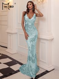 Casual Dresses Missord Women Backless Sequin Evening Long Prom Dress Elegant V Neck Spaghetti Strap Maxi Summer Bodycon Party Green Dresses 230413