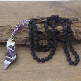 Pendant Necklaces 8mm Black Lava Stone Round Beads Mala Necklace Raw Amethysts Quartz Knotted Handmade Yoga Prayer Jewellery Dropship QC0102