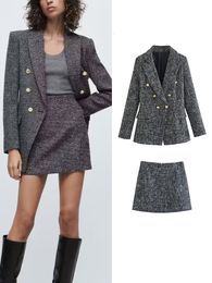 Two Piece Dress TRAF Women Office Lady Blazer Skirts Sets Autumn Winter Elegant Female Double Breasted Jackets Mini Skirt Long Sleeve Tops 230413