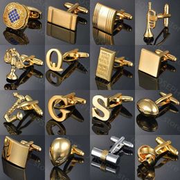 Cuff Links Luxury Gold Colour Cufflinks for Gentleman Warrior/Letters/Trumpet/Rugby/Gems/Knot Men Cuff Links Jewellery Men Tie Clips Gifts J230413