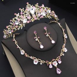 Necklace Earrings Set Pink Colors Crystal Bridal For Women Tiaras Dangle Flower Wedding Crown Jewelry Princess