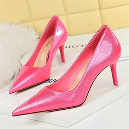 Dress Shoes BIGTREE Elegant Simple Woman Heels Slim Heels High Heels Shallow Mouth Pointed Crystal Patent Leather Single Shoes Women Shoes 231113