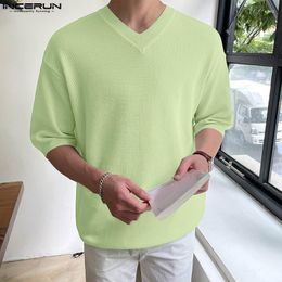 Men's T Shirts INCERUN Tops 2023 Korean Style Men's Fashionable Fresh Short-sleeved T-shirts Casual Male Well Fitting Solid Camiseta