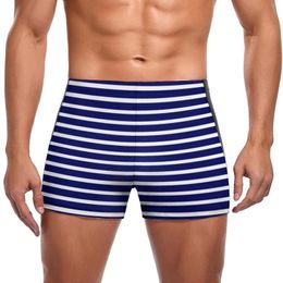 Men's Swimwear Blue White Striped Swimming Trunks Summer Nautical Stripes Pattern Training Push Up Swim Shorts Custom Stay-in-Shape Male