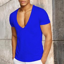 Men's T Shirts Men T-shirt Solid Color Deep V Neck Summer Slim Fit Pullover Sweat Absorption Sports Top Soft Mid Length