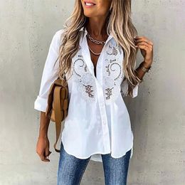 Women's Blouses Turn Down Collar Women Solid Hollow Out Embroidery Single Breasted Shirt Tops Full Sleeve Loose Shirts Splice 2023 Autumn