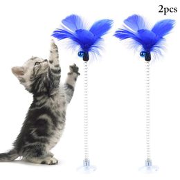 Cat Toys 2pcs Feather Teaser Toy Suction Cup Spring Bell Training Pet Stick Premium Supplies 32cm Height