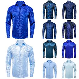Men's Dress Shirts Hi-Tie Silk Mens Lapel Long Sleeve Navy Royal Sky Blue Shirt Casual Formal Jacquard Blouse For Male Wedding Business Prom