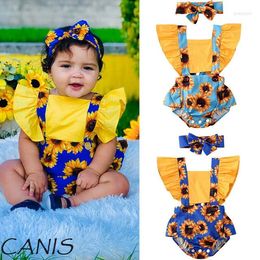 Clothing Sets 0-24M Infant Baby Girl Bodysuits Headband Sunflower Print Ruffle Short Sleeve Romper Jumpsuit 2PCS Outfits Clothes Summer