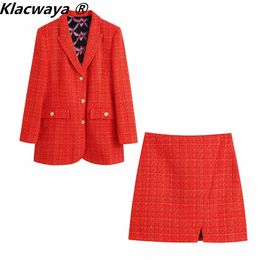 Two Piece Dress Klacwaya Women Fashion Two Piece Set Vintage Print Lining Tweed Blazer Coat Female Front Slit Mini Skirt Chic Suit 230413