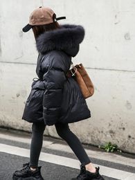 Down Coat Winter Girls Down Jacket Real Fox Fur Children Slim Coat Thicken Warm Kids Outfit Teenage Black Long Parkas XMP198 231113