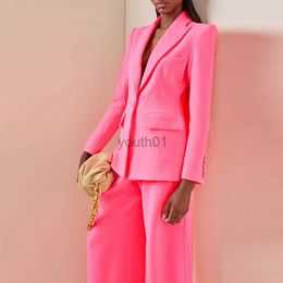 Women's Pants Capris HIGH QUALITY New 2023 S/S Designer Runway Suit Set Women Single Button Slim Fit Blazer Suit Flare Pants Two pieces set Hot Pink zln231113
