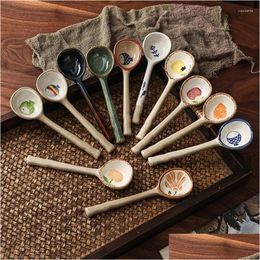 Spoons Japanese Ceramic Soup Spoon Long Handle Teaspoon Heat Resistant Hand Painted Cute Tableware Kitchen Cooking Utensil Tool Drop D Otzwl