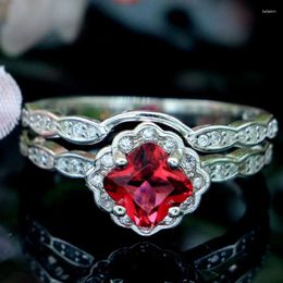 Cluster Rings 10x10mm Elegant 3.6g White Sapphire Red Blood Ruby CZ Women Engagement Real 925 Solid Sterling Silver