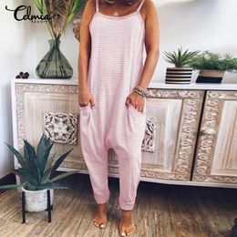 Women's Jumpsuits & Rompers 5XL Women Drop-Crotch Celmia 2023 Summer Straps Striped Casual Loose Harem Pants Plus Size Sleeveless Overalls