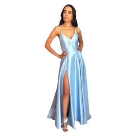 Simple Long Evening Dress Light Sky Blue Satin Vestido De Noite Crisscross Back Women Occasion Formal Evening Party Gowns