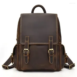 School Bags Vintage Crazy Horse Leather Backpack Men's Travel Bag Student Shoulder