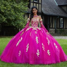 Pink Shiny Ball Gown Quinceanera Dress for Girls 15 Year Appliques Lace Long Sleeved Sweet 16 Gown Vestidos De 15 Anos