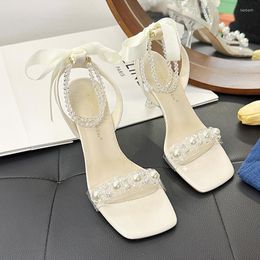 Sandals Fashion String Bead High Heels Shoes Women Slides 2023 Summer Party Dress Open Toe Brand Flip Flops Femme