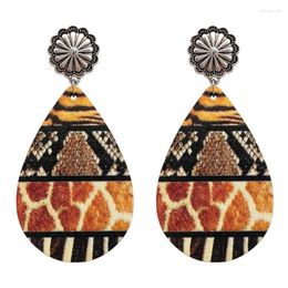 Dangle Earrings Leopard Cow Snake Print Wooden Teardrop For Women Western Style Metal Concho Boutique Jewellery Wholesale