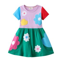 Girl's Dresses Jumping Metres Selling Summer Short Sleeve Flowers Hearts Embroidery Cotton Princess Girls Baby Birthday Frocks 230412