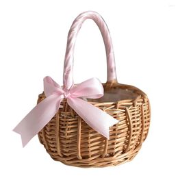 Decorative Flowers Wicker Woven Flower Basket With Handle And Pink Ribbon Wedding Girl Baskets For Home Garden