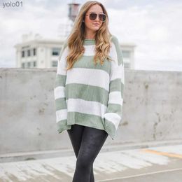 Women's Sweaters Women's 2023 Fall Long Sle Crew Neck Striped Color Block Comfy Loose Oversized Knitted Pullover SweaterL231113