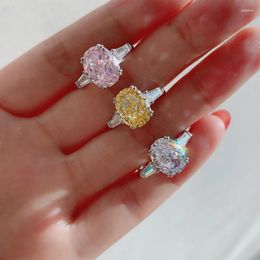 Cluster Rings 925 Sterling Silver Oval 8 10 MM Crushed Cut Citrine Pink High Carbon Diamond Gemstone Ring Fine Jewelry