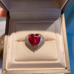 Cluster Rings S925 Silver Ring Emerald Pigeon Blood Red Sapphire Heart Main Stone 12 Jewellery Lady