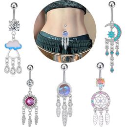 Navel Bell Button Rings for Body Stainless Steel Women Dangle Moon Dream Catcher Piercing Belly Crystal Rings Gold Silver Color