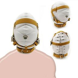 Adult Toys Faux Leather Sensory Deprivation Lockable Mask BDSM Mouth Ring Head Hood Sex Toys Harness Bondage Headgear Exotic Adult Game 230413