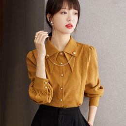 Women's Blouses Double Collar Long Sleeve Chain Button Shirt Women Top Autumn Winter Elegant British Style Loose Casual Office Lady Blouse