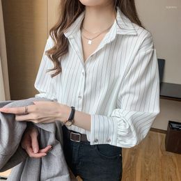 Women's Blouses QWEEK White Blouse Shirts Striped Fashion Woman 2023 Chiffon Long Sleeve Vintage Office Wear Elegant Tops Pretty