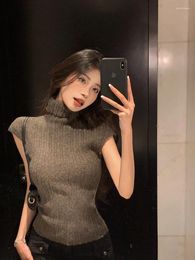 Women's Sweaters Tight Slim Fitting Short Sleeved Sweater Half High Neck Grey Knitwear Pullover Jumper Pull Femme Crop Tops Y2k Tshirt