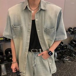 Men's Casual Shirts Short-sleeved Denim Shirt Summer Loose Jacket Removable Shoulder Pad Turndown Single-breasted Cowboy Tops