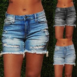 Women's Shorts 2023 Summer Blue Ripped Denim Streetwear High Waist Button Up Sexy Hole Jean With Tassel Pockets Female