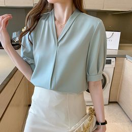 Women's Blouses & Shirts Mint Green 2023 Summer Short Sleeve Satin Texture Loose Casual V-Neck French White Shirt Women Plus Size Tops Ladie