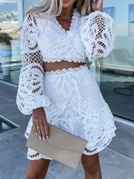 Two Piece Dress Hollow Out Set Summer Lantern Sleeve Sexy White Lace Pieces Sets Ladies Elegant Boho Beach Holiday Short Skirt 230413