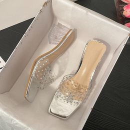 Slippers Summer Crystal PVC Women Fashion Heels Sandálias Aberto de Toe 2023 Trend Sapatos Casuais Flip-Flops Mujer Slides