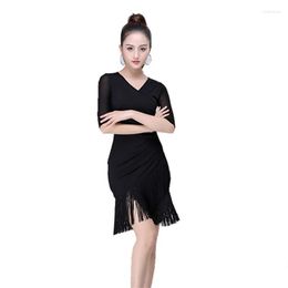 Stage Wear Black Red Adult Female Latin Dance Costumes Tassel Dress Woman Show Competition Clothing