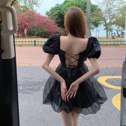 Casual Dresses Backless Sweet Chic Elegant Women Dress Cute Ball Gown Mesh Princess Puff Sleeve Vintage Summer 2023 Korean