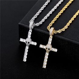 Hip Hop Iced Out Diamon Skull Cross Pendant Necklace Gold Silver Plated with Tennis Chain