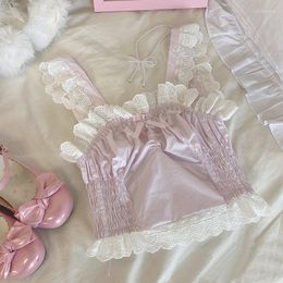 Women's Tanks Japan Aesthetic Princess Tank Tops Sweet Pink Lolita Crop Top Kawaii Cute Clothes Women Summer Chic Lace Bow Sleeveless