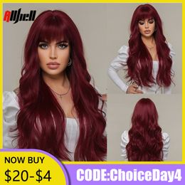 Cosplay Wigs Long Wavy Wine Red Synthetic Wigs Natural Wave Afro Wigs With Bangs for Black Women Cosplay Costume Wig Heat Resistant Fibre 230413