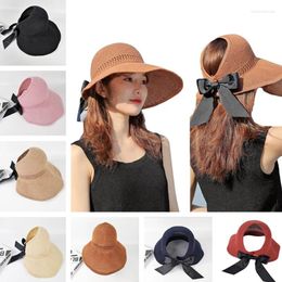 Wide Brim Hats Woman's Sun Bowknot Visor Caps Hand Made Raffia Straw Summer Cap Casual Shade Hat Empty Top Girls Beach