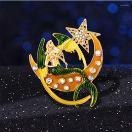 Brooches Enamel Mermaid Fish For Women Sitting On Moon See Star Lady Party Brooch Pins Gifts
