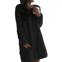 Casual Dresses Women's Dress Round Neck Long Sleeve Pocket Plush Straight Women Party Knitwear Woman Clothes Xxxl