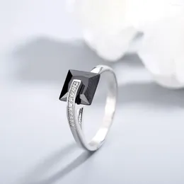 Cluster Rings Cool Pure 925 Silver Women's Ring Inlaid With A Row Of Zircon And Square Black Gem Stone Simple Elegant Style For Dinner Party